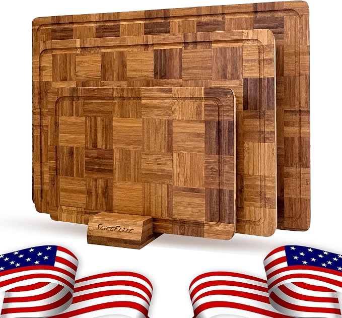 SliceElite Extra Large Bamboo Cutting Board Set 3 Piece End Grain Wooden Chopping Boards with Holder Non Slip Feet Juice Groove XL Butcher Block Style Boards for Kitchen Carving and Serving
