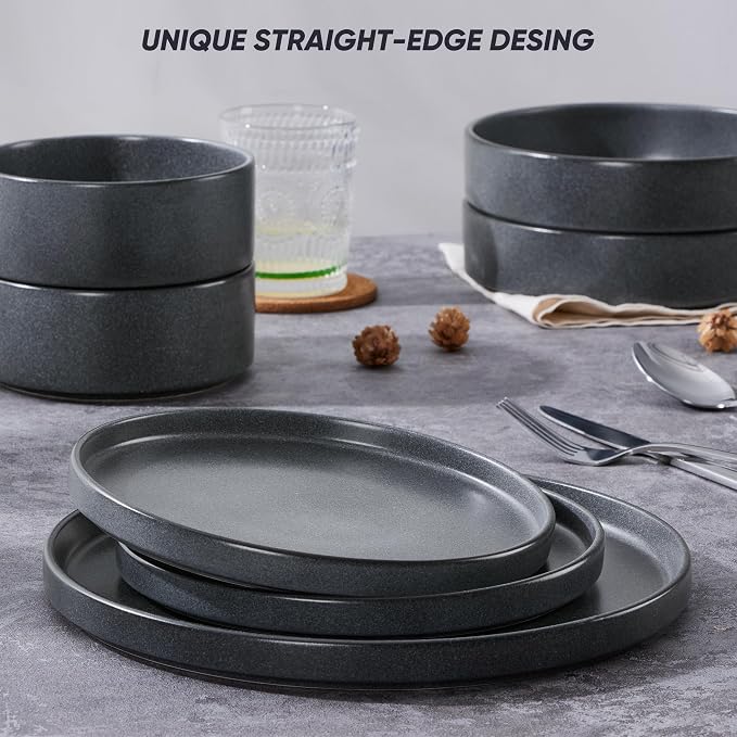 E-far Dinnerware Sets with Pasta Bowls, 24-Piece, Deep Gray | Stoneware Plates and Bowls Sets for 6, Chip and Scratch Resistant, Microwave & Dishwasher Safe Kitchen Modern Dish Set