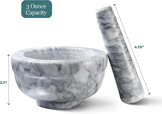 Sagler Mortar and Pestle Set - Small Grinding Bowl Container for Guacamole, Spices, Salsa, Pesto, Herbs - Best Mortar and Pestle Spice and Pills Crusher Set, Holds Up to 2.5oz - 3.75x2’’, Marble Gray