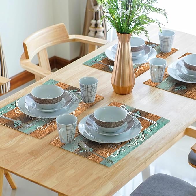 Thankful Placemats Set of 6 18x12 Inch Grateful Blessed Linen Place Mats Heat-Resistant Washable Wipeable Farmhouse Table Mat for Party Kitchen Dining Room Dinner Table Decor