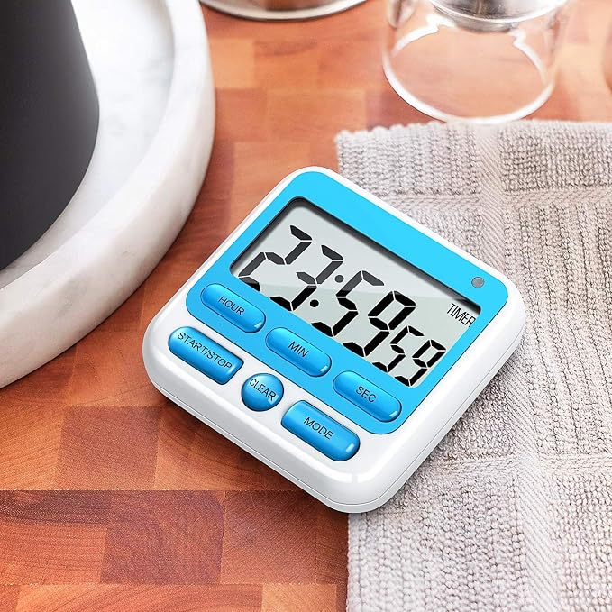 4-in-1 Digital Timer with Count Up/Down, Clock & Alarm, Ring & Silent Modes | Large 2.8-Inch easy-read LCD, On/Off switch, 24-Hour count up/down, Fast-forward function, Magnetic back, stand, hanging hole