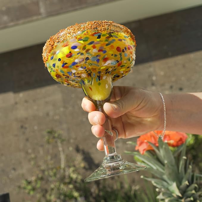 Confetti Dots Hand Blown Margarita Glasses Set of 4 – Colorful Mexican Glassware – 14 oz Recycled Glass Margarita Glass – Hand blown Mexican Drinking Glasses for Cocktails & Tequila