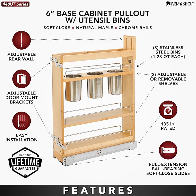Rev-A-Shelf Pullout Organizer w/Soft-Close, Min Cabinet Opening 5.5" W | 5" W Slide Out Pantry Spice or Utensil Storage Rack w/BLUM Soft-Close & Adjustable Shelves for Base Cabinet, 448UT-BCSC-5C