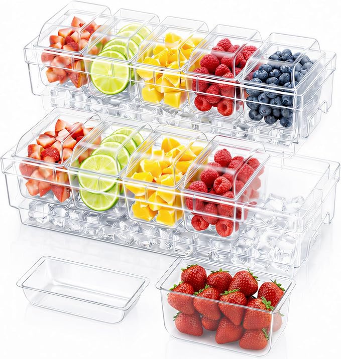 Lifewit Chilled Condiment Container 2Pcs, Individual Lids & Handle Design | Available with Spoons & Tongs, BPA-free Condiment Caddy with 5 Containers, Ice Garnish Tray for Taco, Mimosa & Dirty Soda Bar