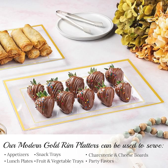 Elegant Plastic Serving Tray & Platter Set (6pk) - Clear & Gold Rim Disposable Serving Trays & Platters for Food - Weddings, Upscale Parties, Dessert Table, Cupcake display - 8x13 inches