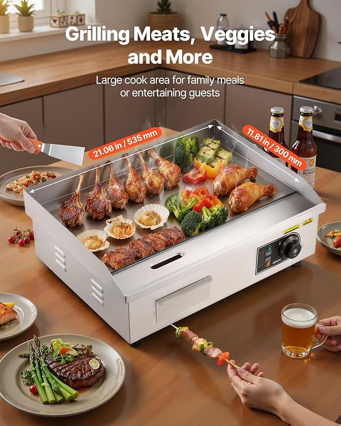 VEVOR Upgraded Commercial Electric Griddle, 2800W Stainless Steel Countertop Flat Top Grill, 26'' Griddle Grill with 2 Shovels and 2 Brushes, 122℉-572 ℉ Adjustable Temp, for Home Restaurant(No Plug)