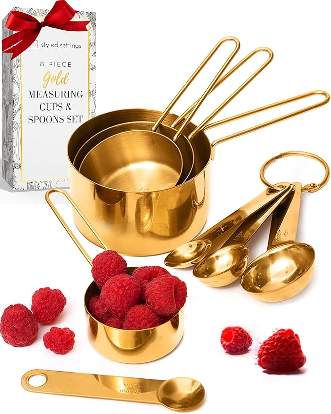 Styled Settings Gold Measuring Cups and Spoons Set, 8-Piece | Stainless Steel, Titanium Gold, Stackable Brass Measuring Cups and Spoons, Sturdy Gold Kitchen Accessories for Baking