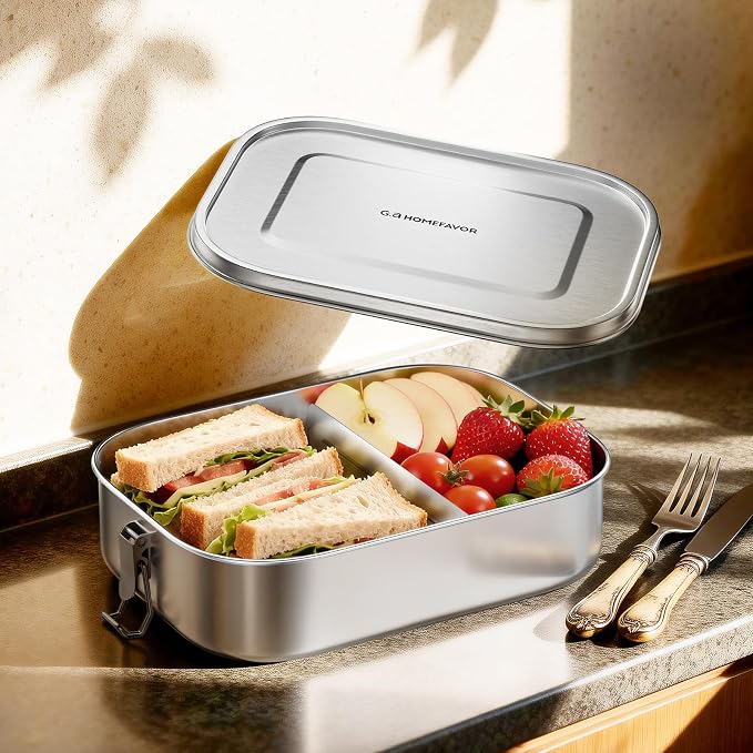 G.a HOMEFAVOR Stainless Steel Bento Lunch Box, 2-Compartment, 1600 ml/54 oz | Leak-Proof, Dishwasher Safe, BPA-Free, with Lock Clips & Removable Divider, Meal Prep, Large Food Container, for Adults