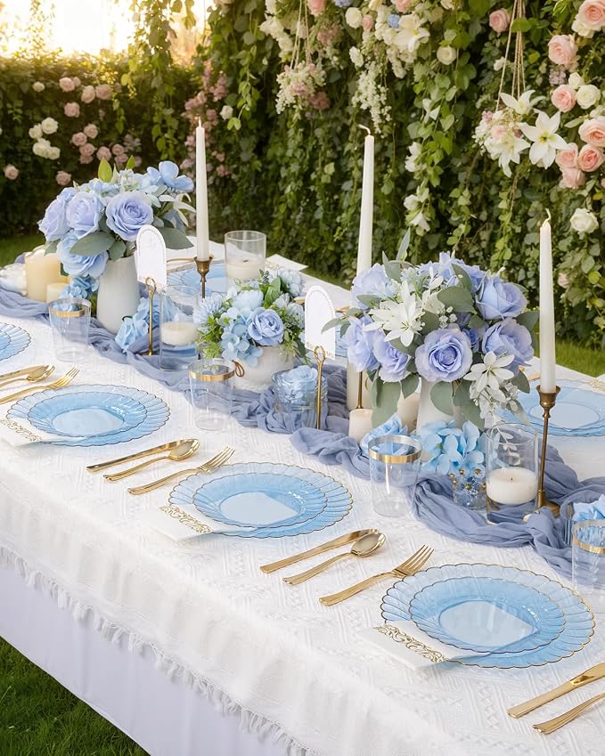 YOUBET 175PCS Clear Blue Scalloped Plastic Plates for Party Wedding | Blue and Gold Disposable Dinnerware Set Include 50 Plates, 75 Gold Silverware, 25 Cups, 25 Napkins for Baby Shower
