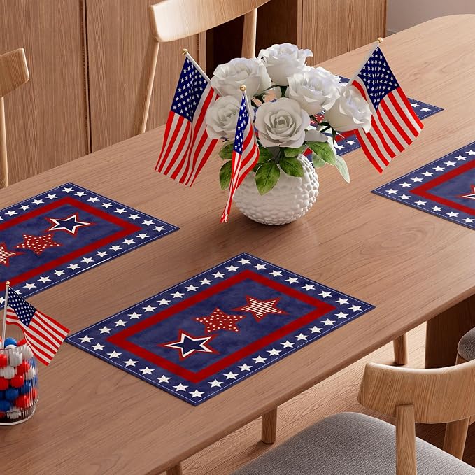 XCHI Blue Patriotic Red White Stars America 4th of July Memorial Day Independence Day Placemats Set of 4 Table Mats Decorations 12x18 Inch