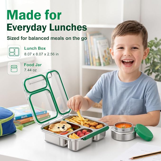 Pawtong Stainless Steel Bento Box Kids Adult with 7oz Insulated Food Jar, Transparent Lid Metal Lunch Box With Soup Thermal Jar, Lunch Box Container with Removable Divider & Sauce Cup School (Green)
