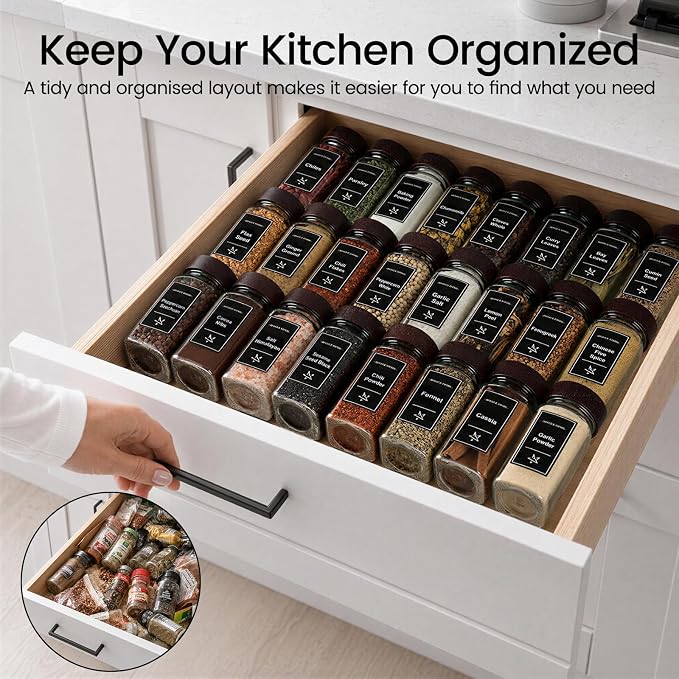Glass Spice Jars with Grinder Lid 24 Pack 4 oz Acacia Wood | 780 Labels (Round+Square), Shaker Inserts, Funnel, Airtight Seal, Bonus Grinder Lid for Fresh Grinding