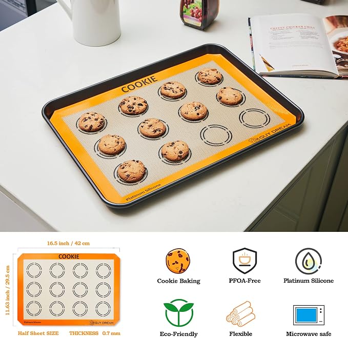 GUY DREAM All-in-One Silicone Baking Mat Set - Kneading Mat, Cookie & Macaron Half Sheet, 1/4 Sheet Mat, Square & Round Cake Mats, Artisan Bread Sling- Ideal Gift for Baking