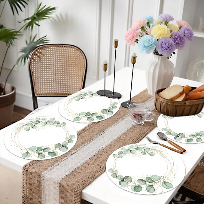 50PCS Eucalyptus & Gold Disposable Paper Placemats 13.5 Inch Summer Round Eucalyptus Leaves Table Mats for Wedding Anniversary Bride Party Supplies