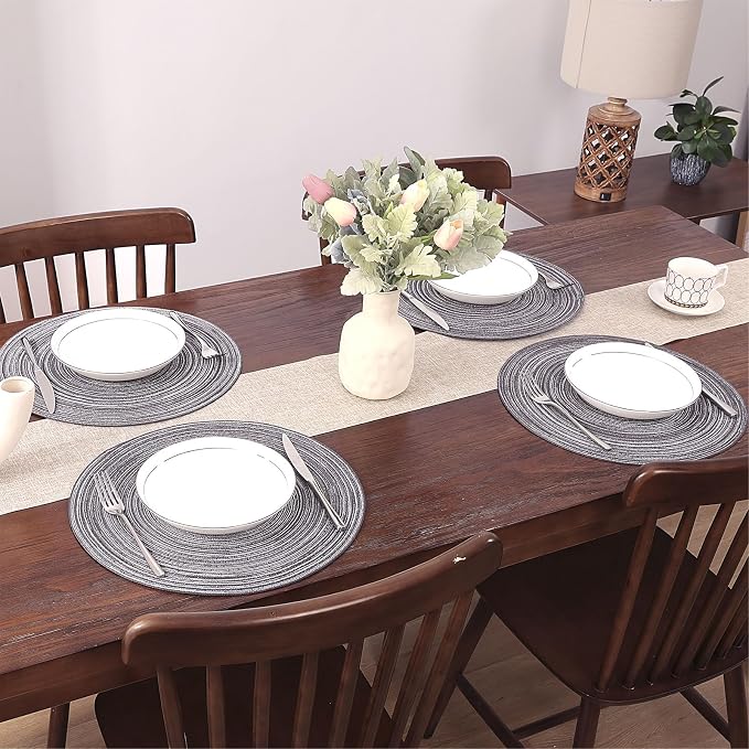 SHACOS Round Braided Placemats Set of 6 Round Table Mats 15 inch Cotton Washable for Holiday Party (Black Grey, 6)