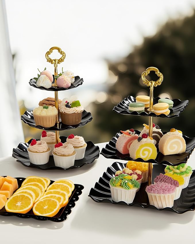 Kootek 10pcs Cupcake Stand Dessert Table Display Set Serving Tray for Party | 3-Tier Cupcake Stand, 6 Rectangular Trays, Hold 128 Standard Cupcakes, Cookie Display, BPA-Free, No Tools Required, Hand Wash