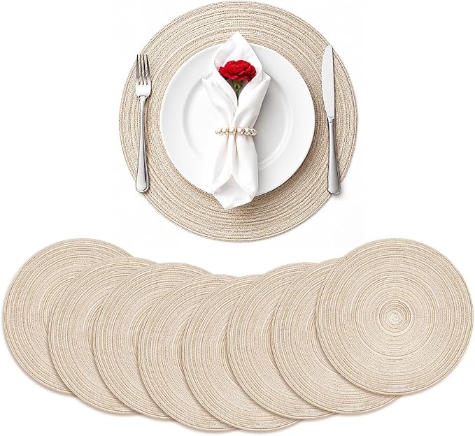 TaroKitc 15 in Round Placemats Set of 8, Washable Woven Placemats Heat Resistant Cotton Polyester Braided Table Mat, Non-Slip Circle Place Mats for Kitchen Dining Table Decor - Beige