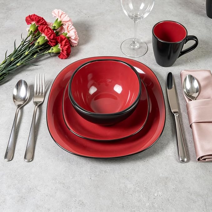 Stoneware Square 16pc Dinnerware Set, Inside Shiny Red + Outside Matte Black