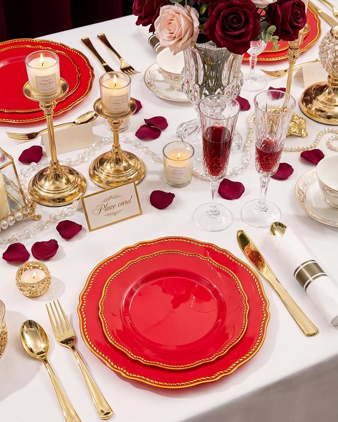 350 Pcs Red Gold Plastic Plates Wedding & Party | Red Plastic Dinnerware Set Includes 50 Dinner Plates, 50 Dessert Dinnerware, 50 Cups, 50 Pre-rolled Napkins