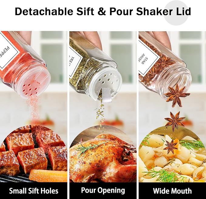 Aliggbent Spice Jars with Lable, 48 Pcs 4 oz Glass Spice Jars with Bamboo Lids, Spice Containers Bottles, Glass Seasoning Jars with Shaker Lids, Collapsible Funnel, for Spice Racks, Pantry,Cupboard