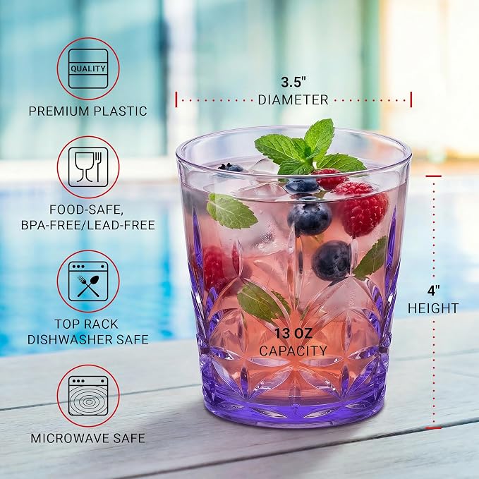 Bravario Royal Plastic Drinking Glasses,13 oz Set of 6, Plastic Cups Reusable Dishwasher Safe, Premium Juice & Water Tumblers for Home Kitchen Pool Party, Great Gift, BPA-Free Durable Mixed Colors
