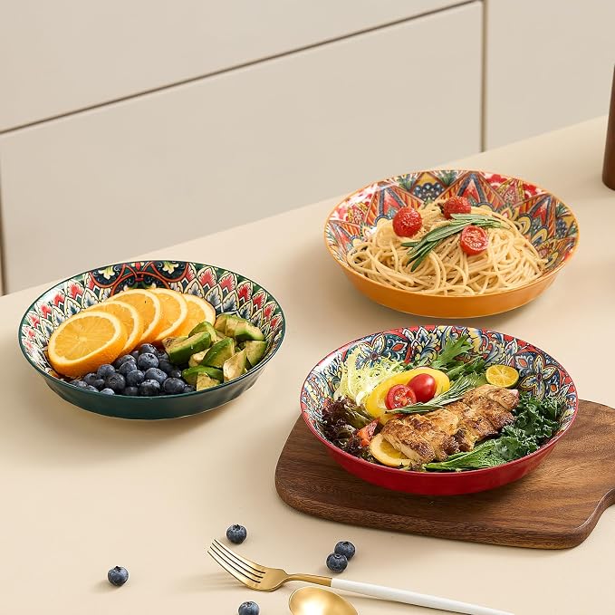 Ceramic Pasta Bowls Set of 6-8 inch 30 oz Serving Bowls, Colorful Dinner Bowls for Soup,Salad, and Pasta, Kitchen, Microwave, Dishwasher Safe, mexican, Bohemian Style