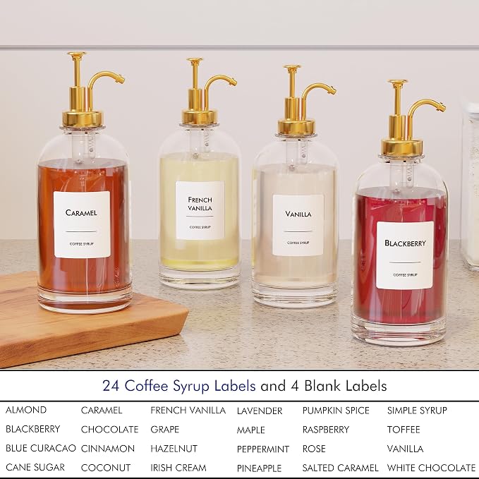 16.9 oz/500 ml Coffee Syrup Dispenser Set - 6 Glass Bottles with Gold Pumper and Syrup Labels - Precise Dispensing and Stylish Addition to Coffee Shop, Cafe or Home Bar