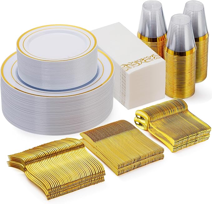 350 Pcs Gold Dinnerware Sets for 50 Guests, Disposable Plate Sets | for Party, Wedding, Include: 50 Gold Rim Dinner Plates, 50 Dessert Plates, 50 Paper Napkins, 50 Cups, 50 Gold Silverware Set