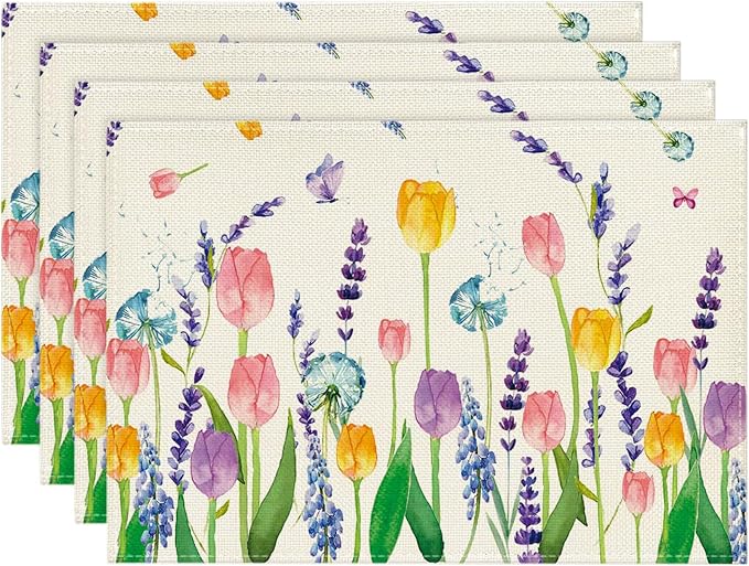 Tulip Lavender Butterfly Spring Placemats Set of 4, Seasonal Holiday Summer Table Mats for Home Party Kitchen Dining Room Decoration 12x18 Inch