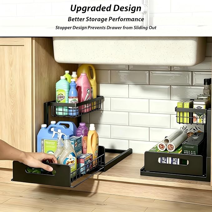 2 Pack Upgraded Under Sink Organizer, 2 Tier Pull out Kitchen Cabinet Organizer Metal Slide out Bathroom Organizers and Storage Makeup Drawer Organizer for Office Bedroom Restroom Living Room, L-Black