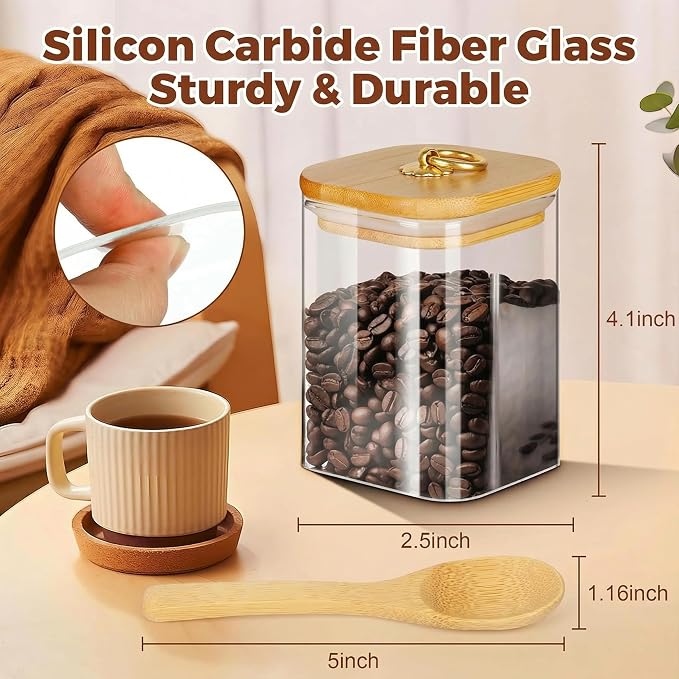 Glass Jars with Bamboo Lids and Spoons, 16 oz Glass Storage Containers | Dry Food Storage Sugar, Coffee, Nuts, Cookie, Candy, Tea, Airtight Kitchen Canisters Spice Jars