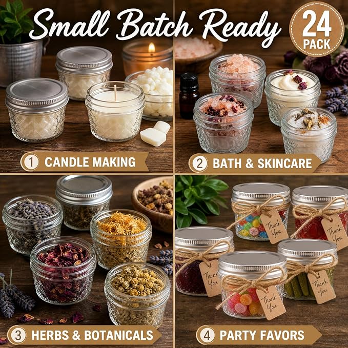 4 oz Glass Jars with Lids, 24 Pack Wide Mouth Small Mason Jars with Twine & Tags, Airtight Leakproof Mini Jam & Jelly Jars with Label Area for Honey, Desserts, Party Favors & Homemade Food Gifts