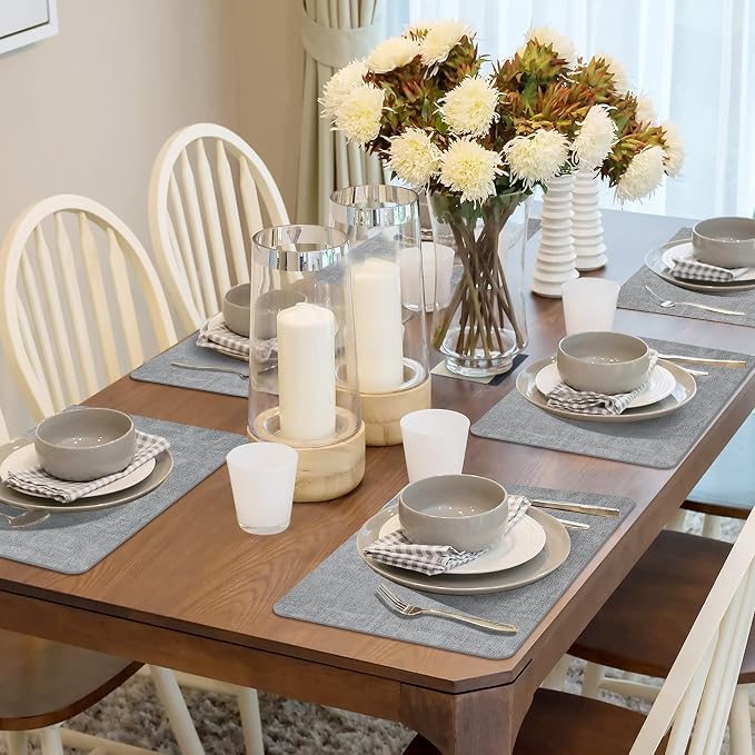 Maxpearl Faux Leather Placemats Set of 6, Easy to Clean, Grey | Waterproof - Heat Resistant - Non Slip - Wipe Clean Dining Table Place Mats, Suitable for Indoor & Outdoor Use, 17''×12''