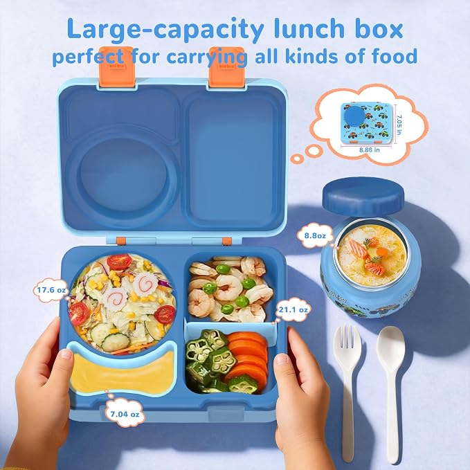 Bento Lunch Box for Kids Adult, Leakproof 3-4 Compartment Bento Box Set with Insulated Food Jar,Water Bottle, Lunch Bag, School Lunch Container for Toddler Teen Girls Boys Ages 3+(Vehicle)