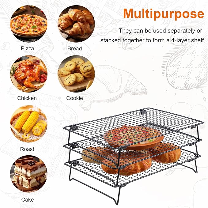 4Pcs Cooling Racks for Cooking and Baking, 13.4" x 9.4" Cookie Cooling Racks, 4-Tier Stackable Carbon Steel Wire Cooling Rack for Baking, Cookie, Pizza, Cake, Roasting, Making Jerky