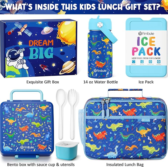 Fimibuke Kids Bento Lunch Box with Toddler Insulated Water Bottle Lunch Bag | Lunch Box Kids with 4 Compartments, Ice Pack & Utensils Set, Birthday Gifts for Ages 3-12 Back to School Toddler Girls Boys