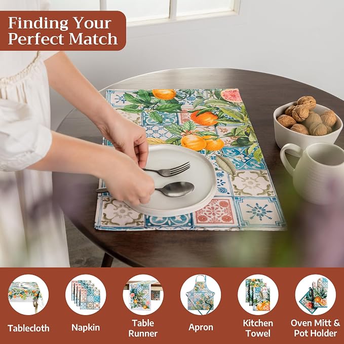 Maison d' Hermine Placemats Set of 4 Reusable 100% Cotton (13"x19") | Cloth Place Mats Washable Table Mats for Kitchen Dining Party Wedding Hotel Home Restaurant Spring Summer - Agrume