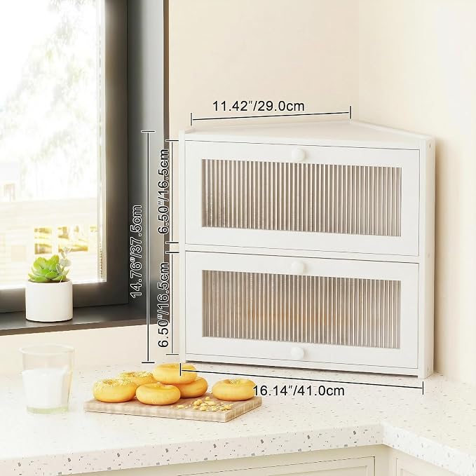 BAMBANG Corner Bread Box for Kitchen Countertop, Double Layer Bamboo Bread Storage Container with Wavy Windows, Farmhouse Large Bread Bin, Wooden Breadbox Holder for Homemade Bread (White)