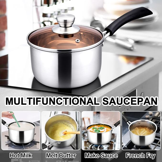 LIANYU 2QT Saucepan with Lid, Stainless Steel Sauce Pan, Induction Ready | Small Kitchen pot, Stay-cool Handle, Multipurpose Cooking Pot for Milk, Soup & Butter, Healthy & Non Toxic, Dishwasher Safe