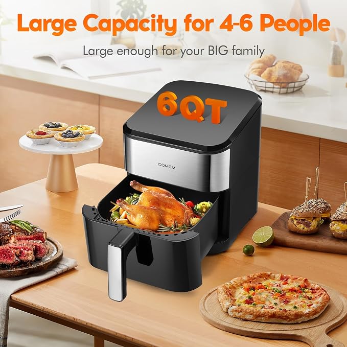 6.2 Qt 1500W Large-Capacity Air Fryer with Non-Stick Basket, 8-in-1 Multi-Function Air Fryer with Preset, Cooker for Healthy and Low-Oil Meals, Convenient Operation