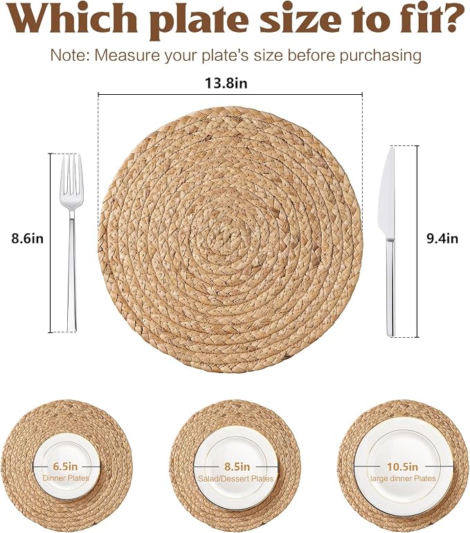 Aofmee 13.8 inch Round Woven Placemats Set of 6, Boho Rattan Place Mats, Natural Water Hyacinth Table Placemats, Farmhouse Weave Table Mats, Rustic Braided Wicker Charger Plates for Dining Table Decor