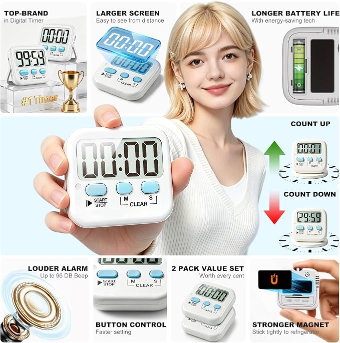 2 Pack Digital Timer for Kids Classroom Kitchen Timers for Cooking | w/ Battery, Easy to View, Alarm, Mute Mode, Count Down/Up, Magnetic, Kickstand, Hanging, Classroom Timer for Teacher Supplies