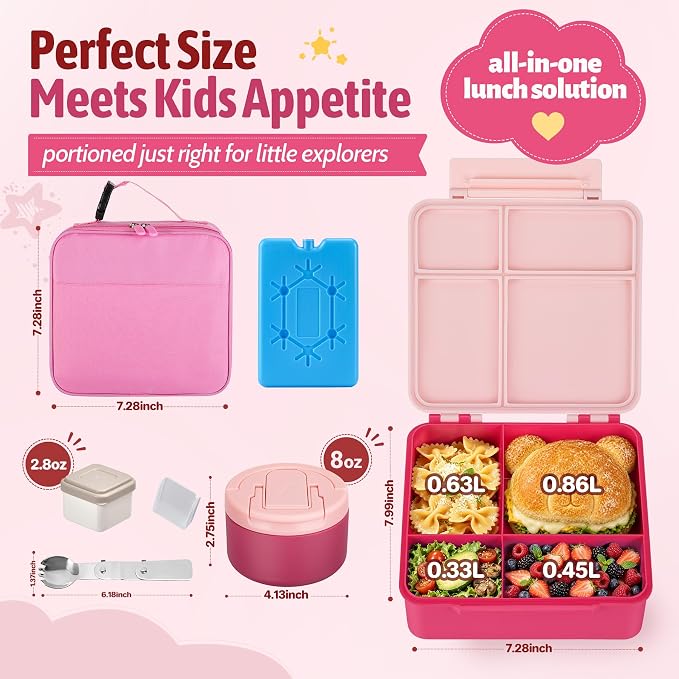 Bento Lunch Box Set with 8 oz Soup Thermo, Kids Leakproof 4 Compartments Hot Food Container with Sauce Cup, Ice Pack and Lunch Bag, Child Insulated Food Jar for School - Pink