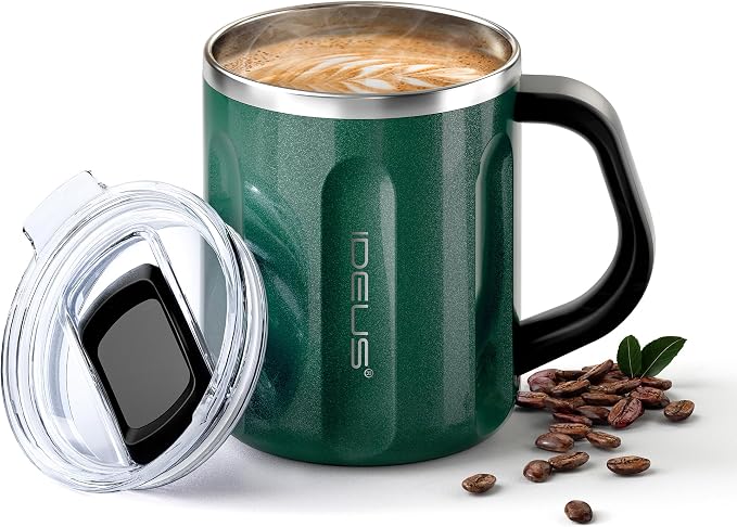 Ideus 16 oz Insulated Coffee Mug with Handle and Lid, Double Wall Stainless Steel Vacuum Thermal Coffee Mug, Travel Coffee Cup Thermal Cup for Home and Office, Deep Green-FUJI FLOW