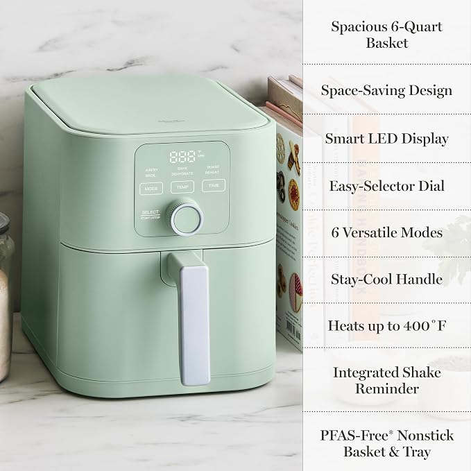 Martha Stewart 6-Quart Air Fryer, 6 Presets, Space Saving, Honeydew Sage | 3lb Capacity, PFAS-Free Ceramic Nonstick Basket & Tray, Bake, Roast, Broil, Dehydrate, Reheat, Shake Reminder, Heat up to 400