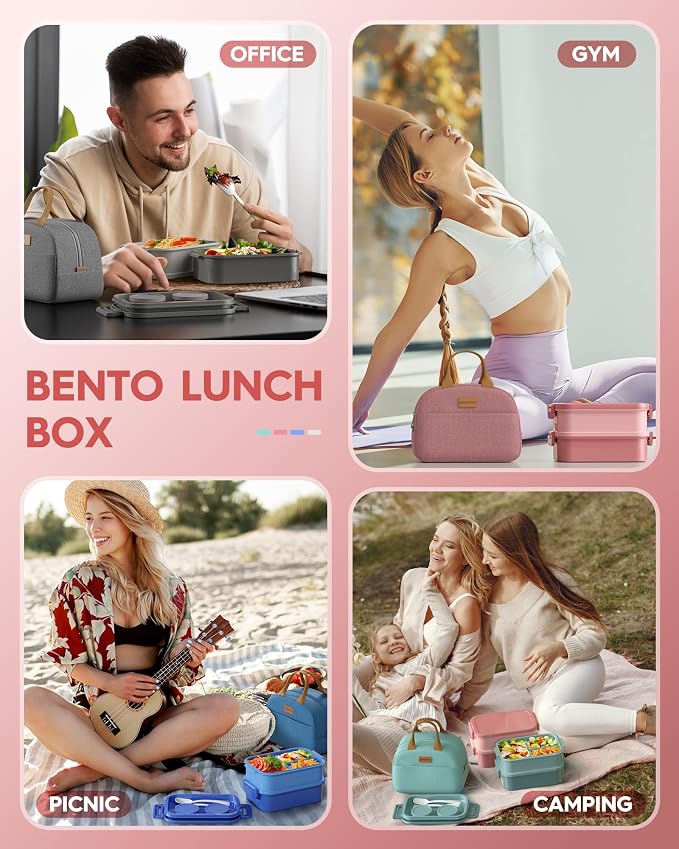 Adults Bento Lunch Box Set with Thermo Bag, 74oz Stackable Leak-proof 3-tiers Bento Box, Built-in Utensil and Sauce Container for Work, School, Dining Out (Pink)
