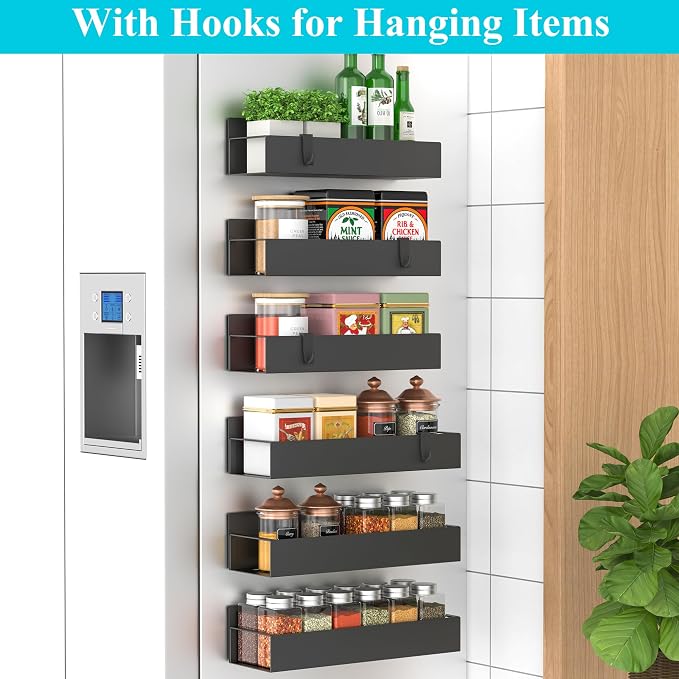 Metal Magnetic Spice Rack for Refrigerator Black, 6 Pack | Magnetic Shelves Heavy Duty for Fridge in Kitchen, Seasoning Storage Organizer, For Oven Washer and Dryer, For Heavier Items