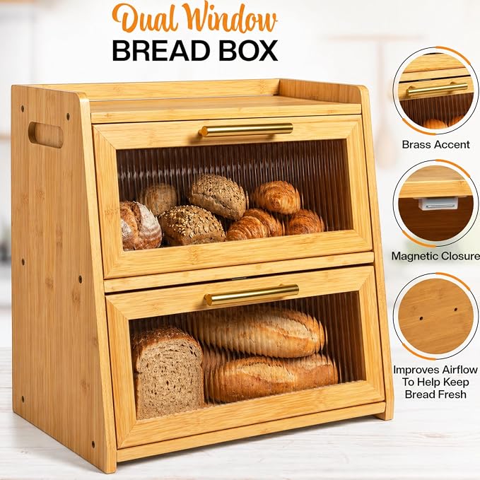 Extra Large Bamboo Bread Box for Kitchen Countertop, Double Layer Wooden Breadbox Holds Multiple Loaves of Homemade Bread, 16.5 Inch Storage Container with Frosted Acrylic Windows
