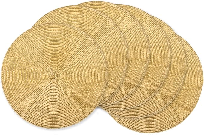 AHHFSMEI Round Placemats Set of 6 Heat Resistant Washable Non-Slip Woven Braided Table Mats for Dining Table Kitchen & Home Decor (Wheat Yellow)