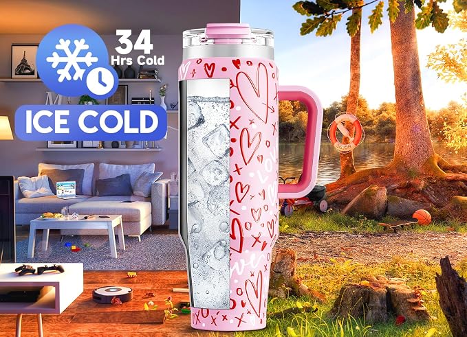 Meoky 40 oz Tumbler with Handle and Straw, Insulated Tumbler with Lid and Straw, Stainless Steel Travel Mug, Keeps Cold for 34 Hours, 100% Leak Proof, Fits in Car Cup Holder (Fancy)